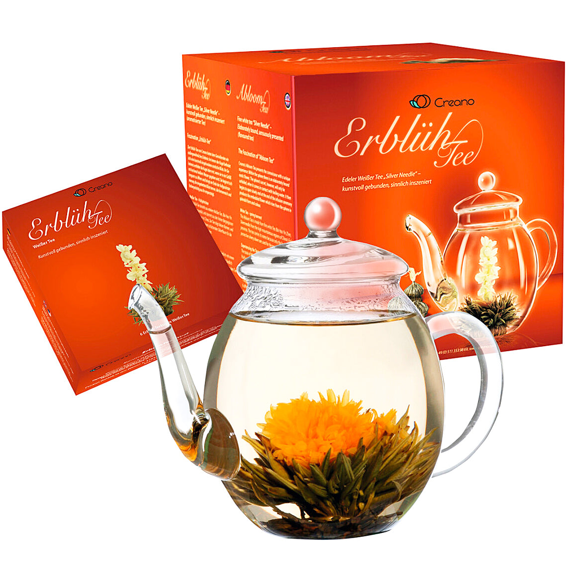 Blooming tea set with pitcher featuring organic flowering white tea balls. Flowering tea gift set for birthdays – relaxing and beautiful experience