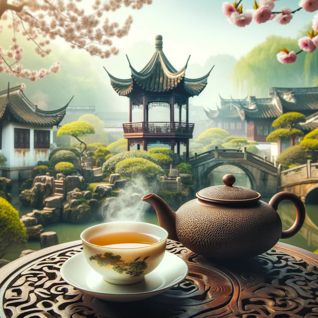 Steaming cup of Dragon Well Organic green tea, perfect for a calming tea moment