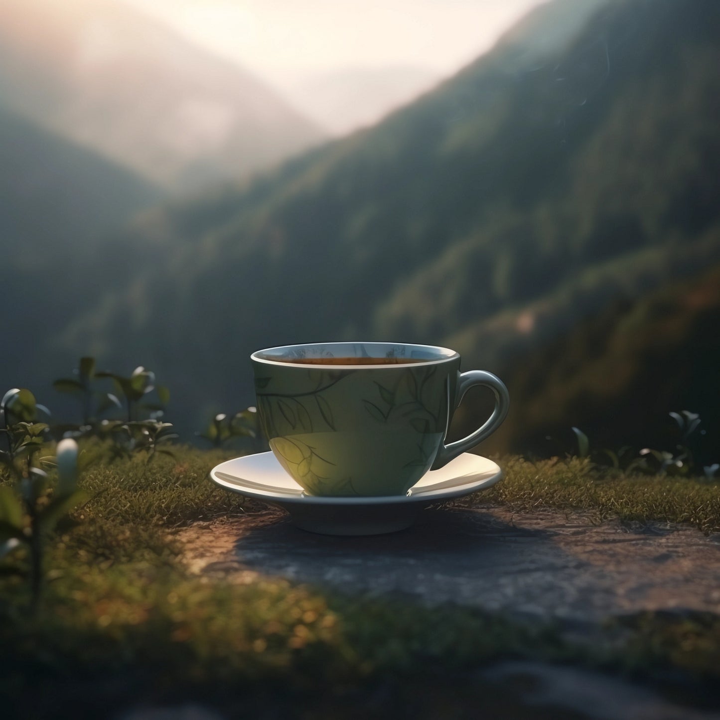 Steaming cup of freshly brewed Gunpowder green tea