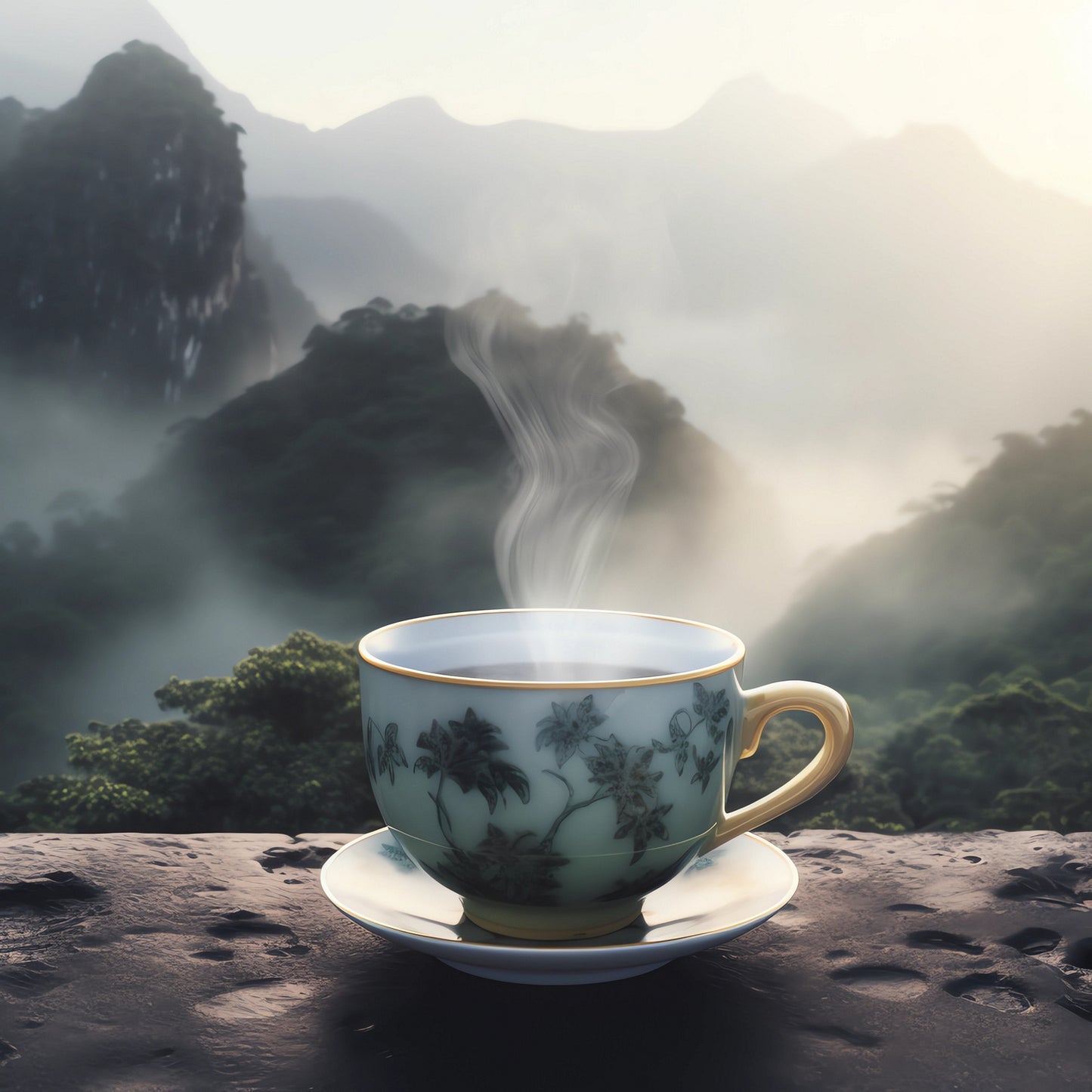 Steaming cup of brewed organic Vietnam Green OP tea, perfect for relaxation