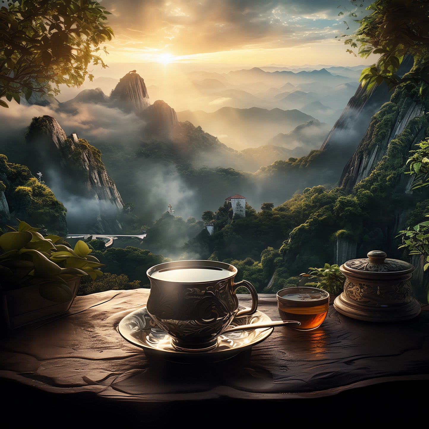 Steaming cup of freshly brewed Yunnan green tea