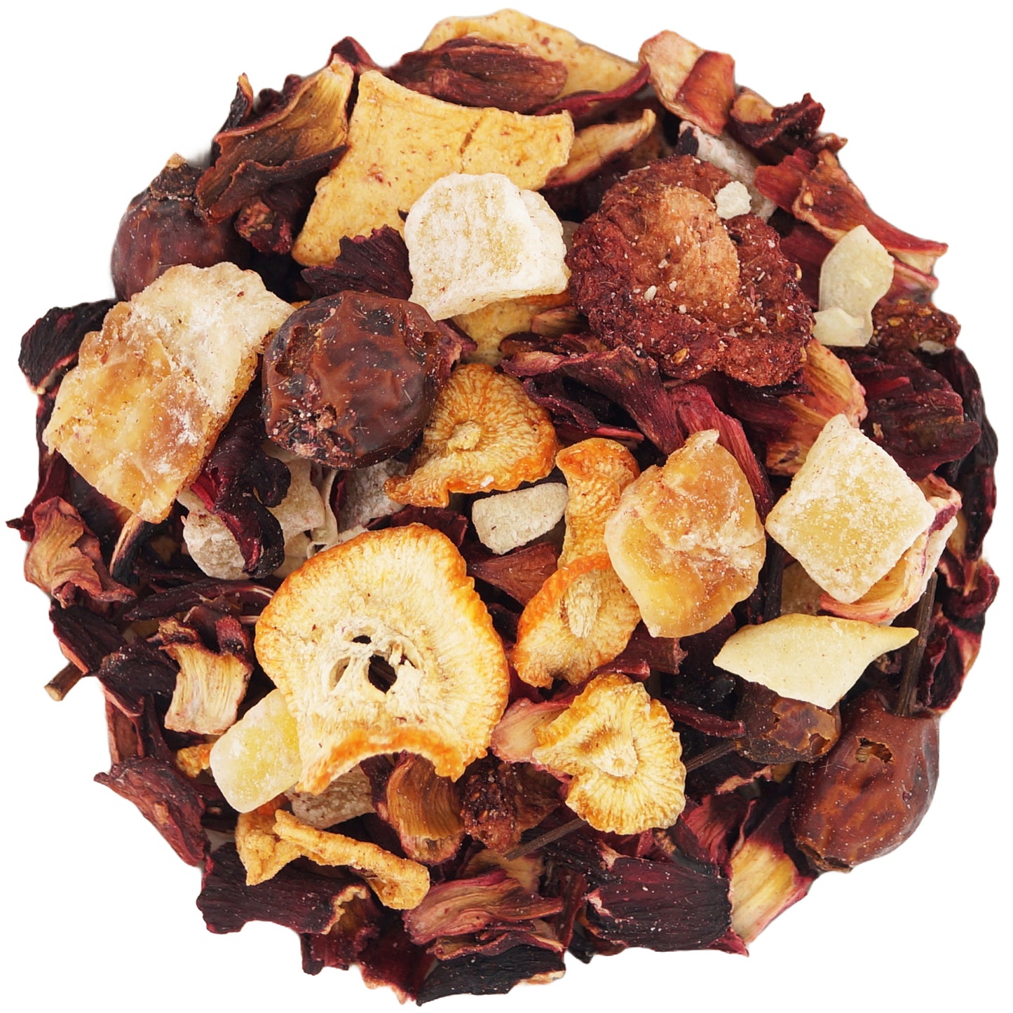 Loose fruit tea with visible mango, coconut, strawberry, and kiwi pieces