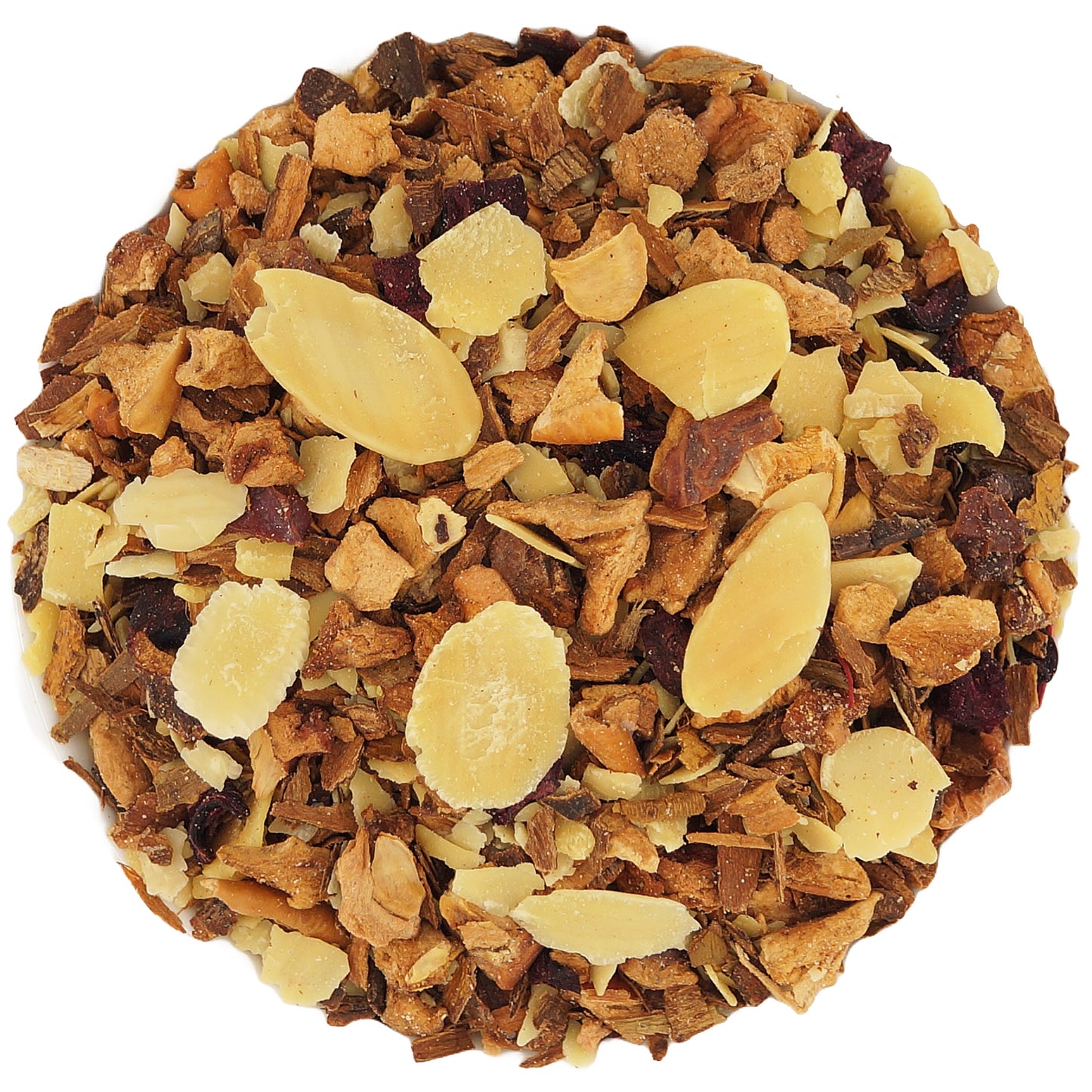 Close-Up of Candied Almonds Tea – Nutty Loose Leaf Blend with Fruit and Sweet Spices