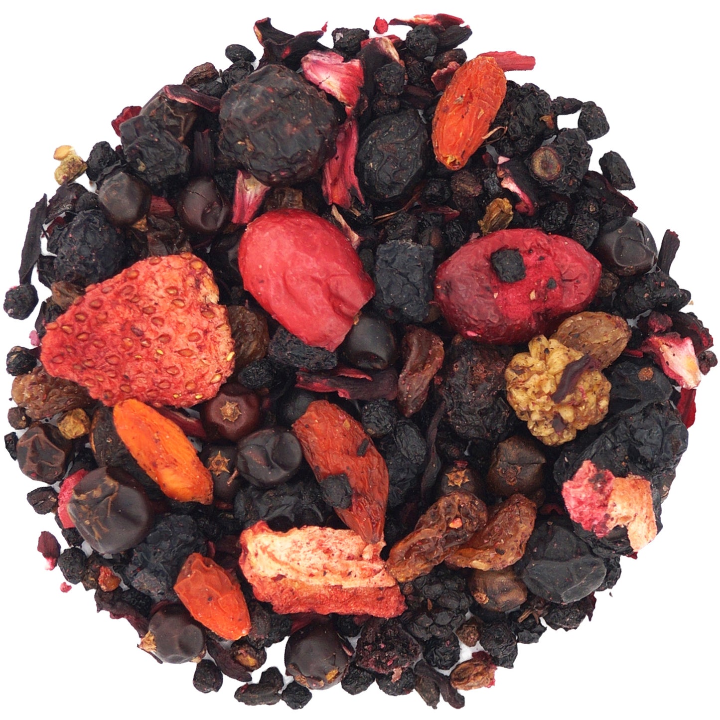 Dried fruit tea with hibiscus, elderberries, and blackberries