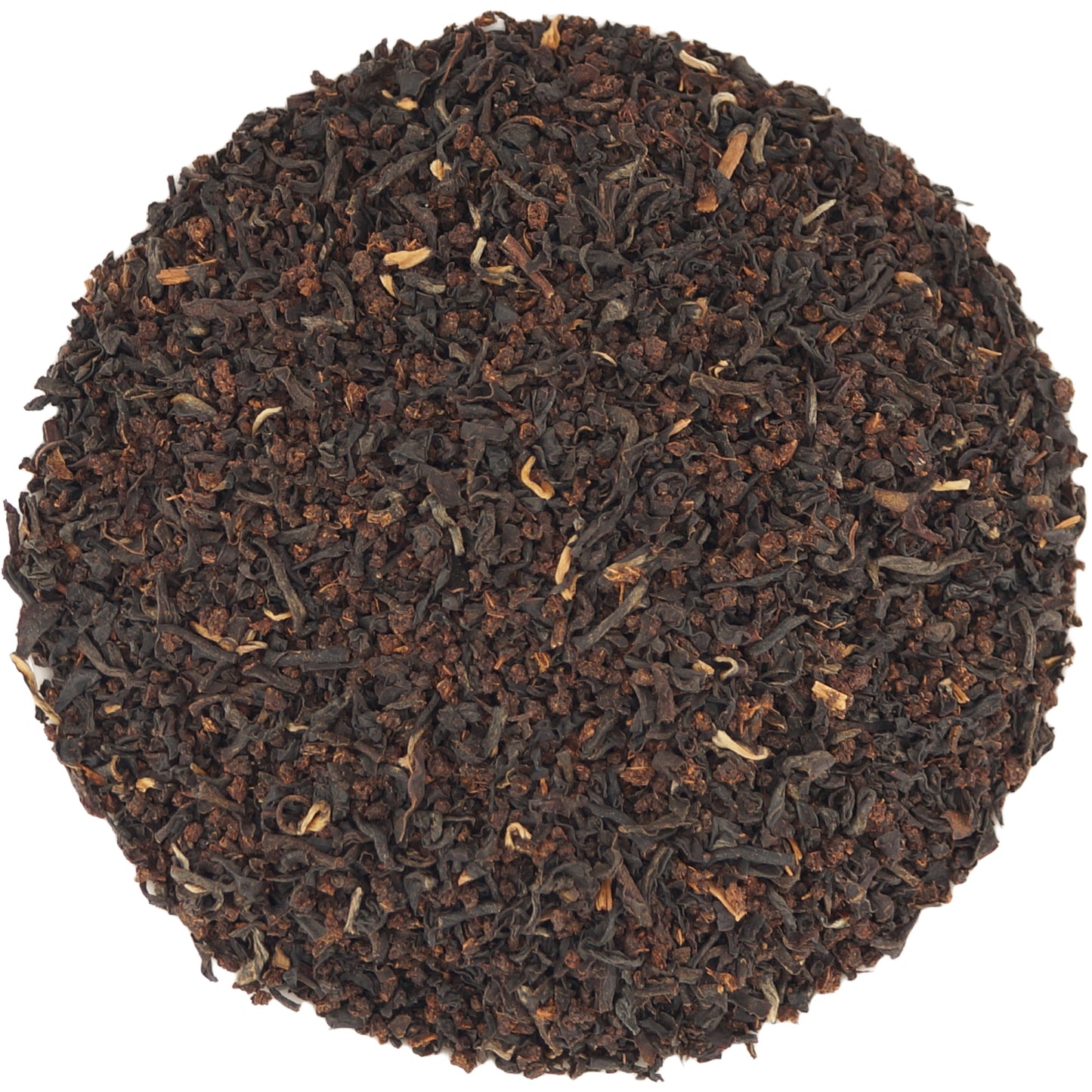Dry loose leaf Irish Breakfast tea on white background