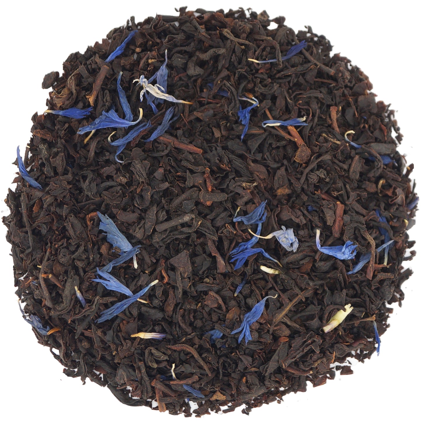 Earl Grey tea leaves with blue flowers for a fragrant brew