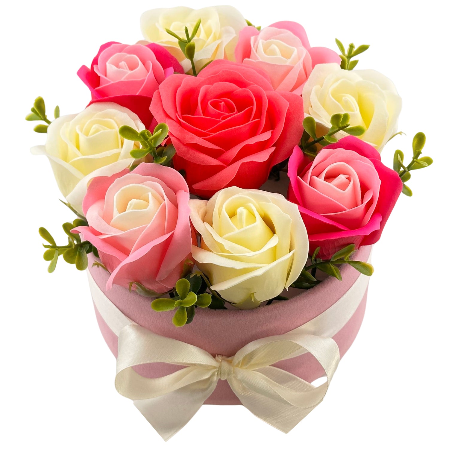 Beautiful flower box gift featuring soap roses, rose soap flowers, and forever roses in a box. This elegant flower in a box is the perfect romantic or self-care present, combining the charm of a rose box with the beauty of a soap flower bouquet or soap gift set.