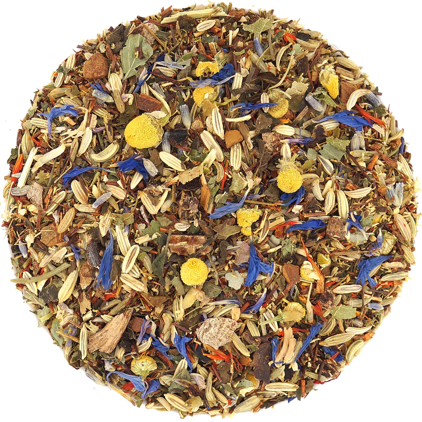 Close-up of chamomile flowers, fennel seeds, rooibos, and valerian root in Evening Calm tea blend
