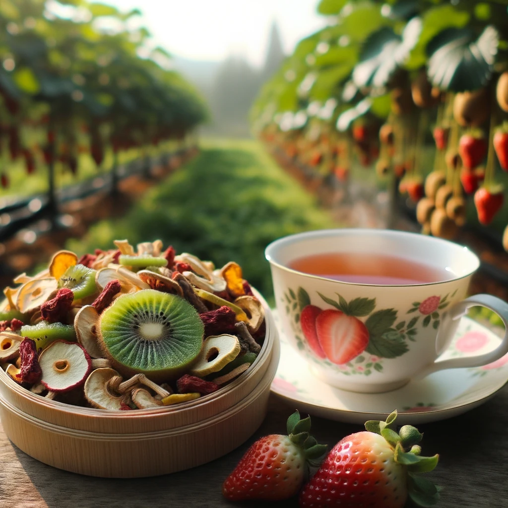 Cup of strawberry kiwi fruit tea with apple and hibiscus – tasty as hot tea or refreshing iced tea