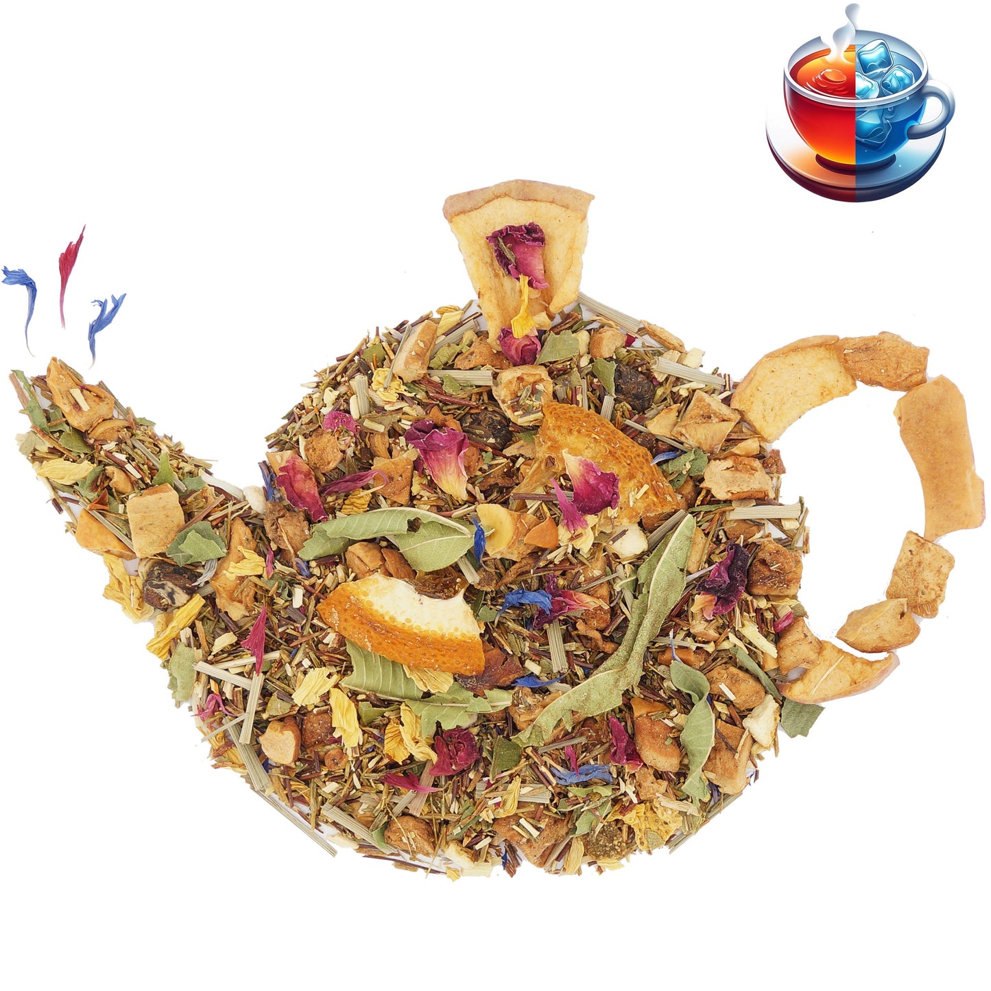Loose leaf fruity herbal tea blend with apple, rooibos, and citrus notes, perfect for any tea lover