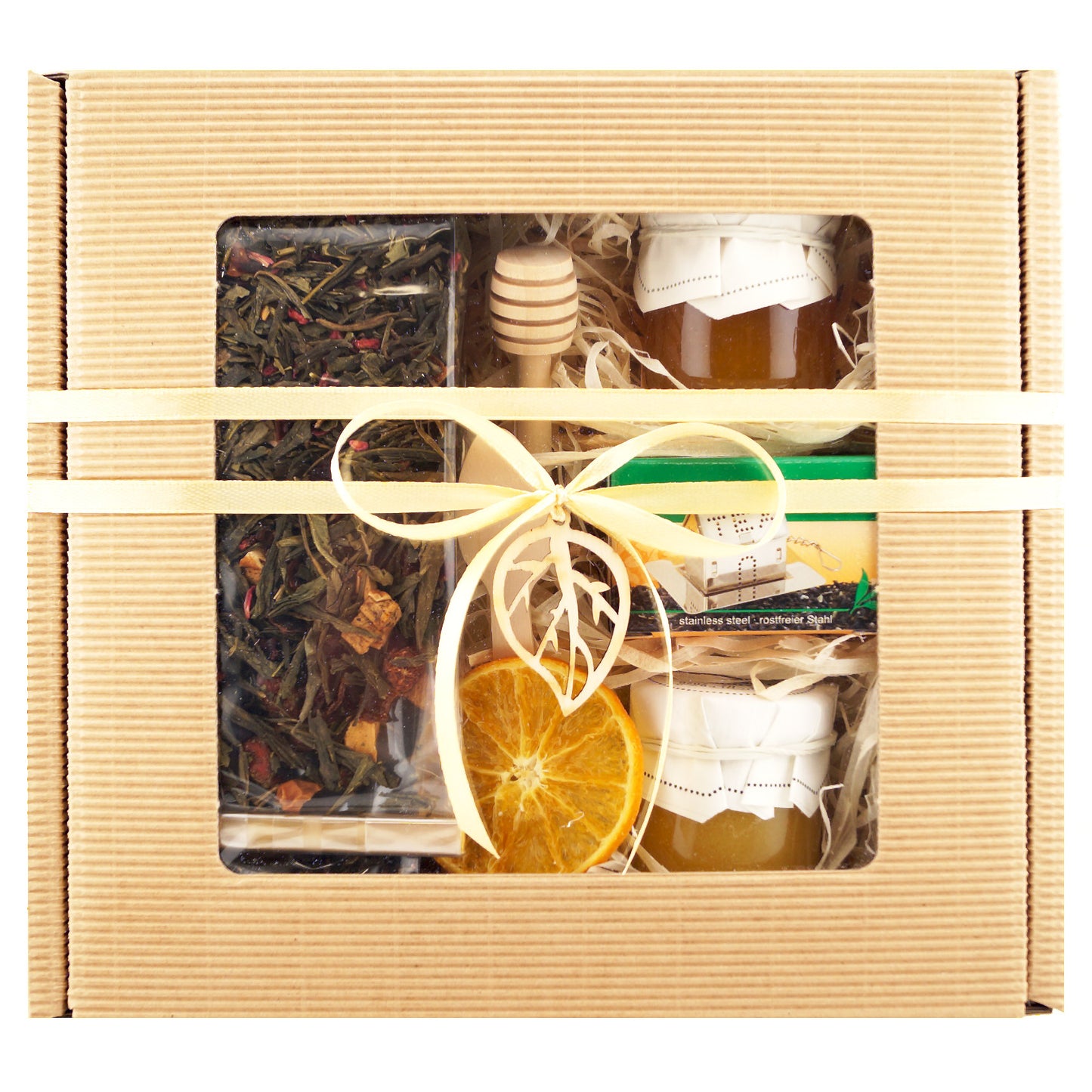 Gift basket for grandma with a tea set, jams, and honey for her birthday