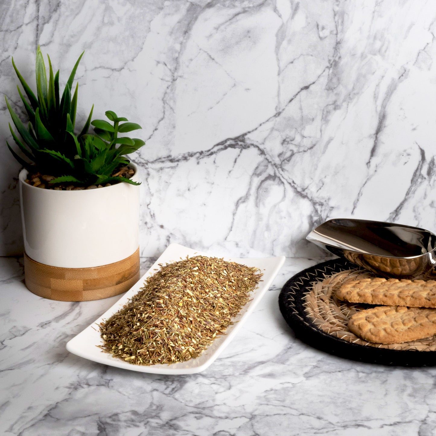 Loose leaf green rooibos tea leaves, naturally caffeine-free and rich in antioxidants