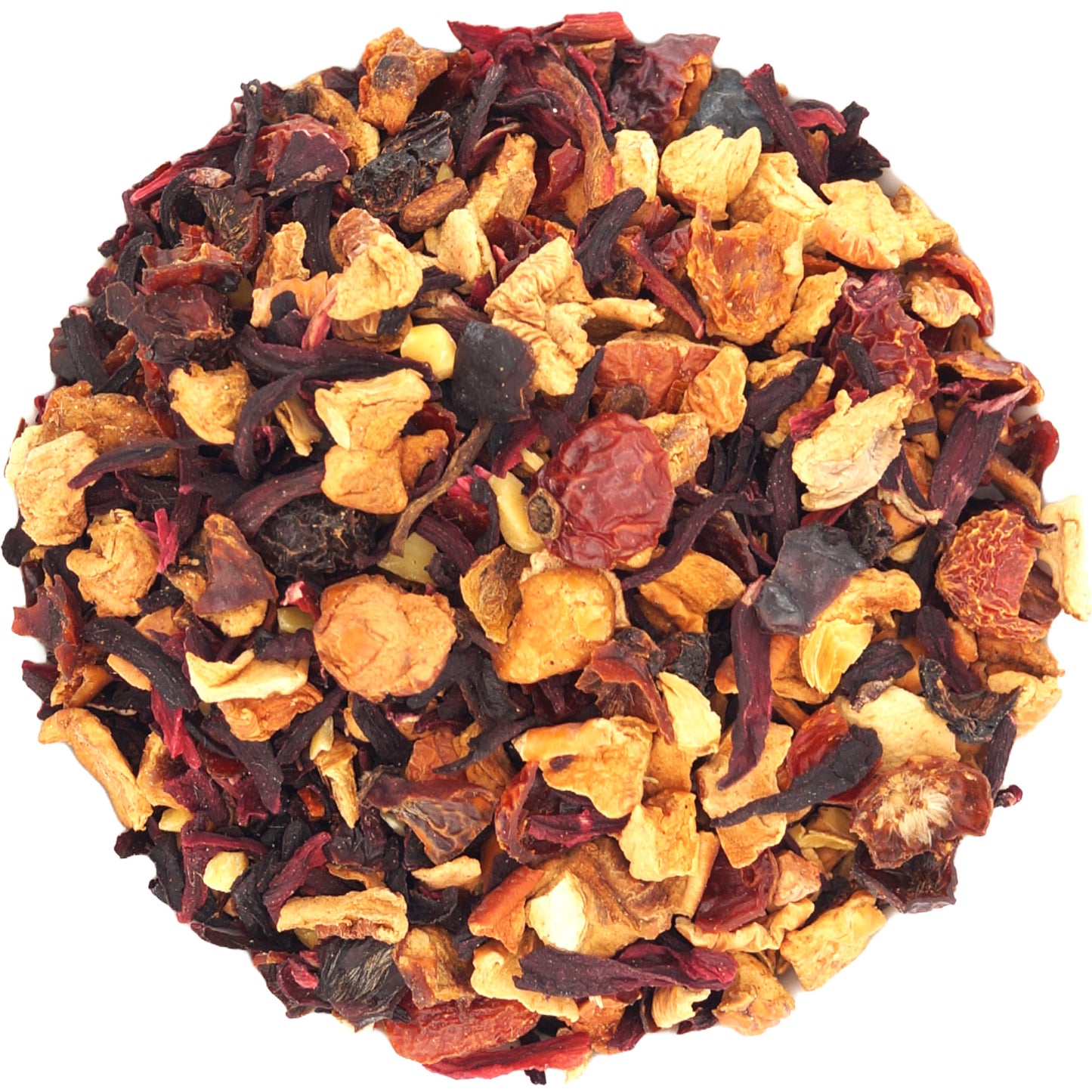 Close-up of loose leaf tea with dried apple, almonds, cinnamon spice, and hibiscus