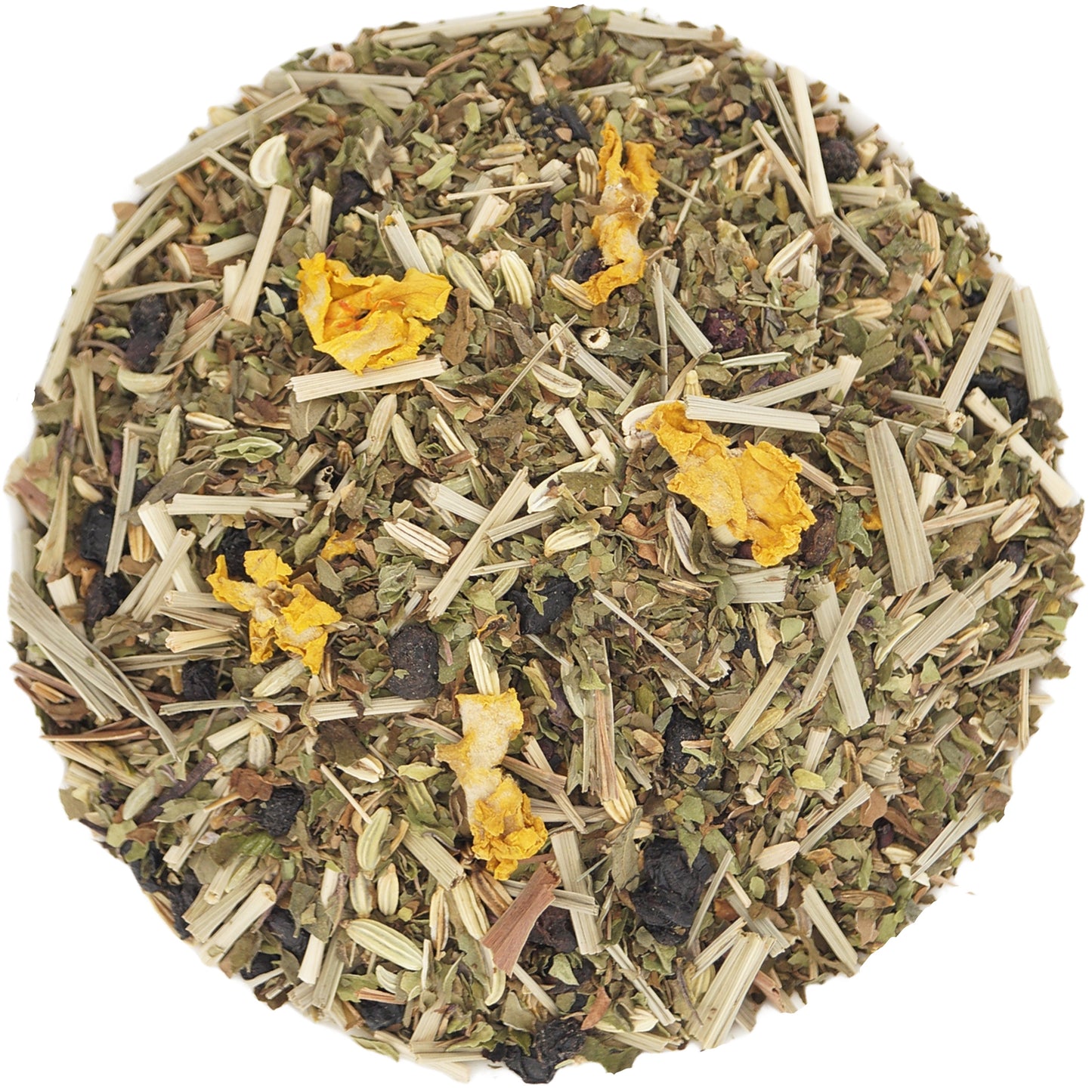 Loose leaf herbal tea with spearmint, peppermint, elderberry, fennel, and lemongrass