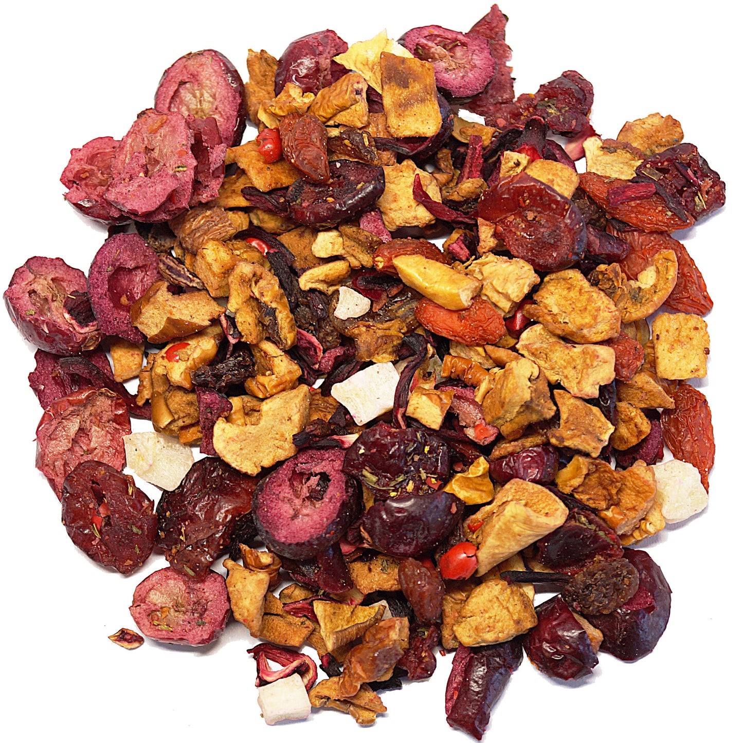 Close-up of hibiscus flowers, pineapple chunks, and red fruit blend for herbal tea
