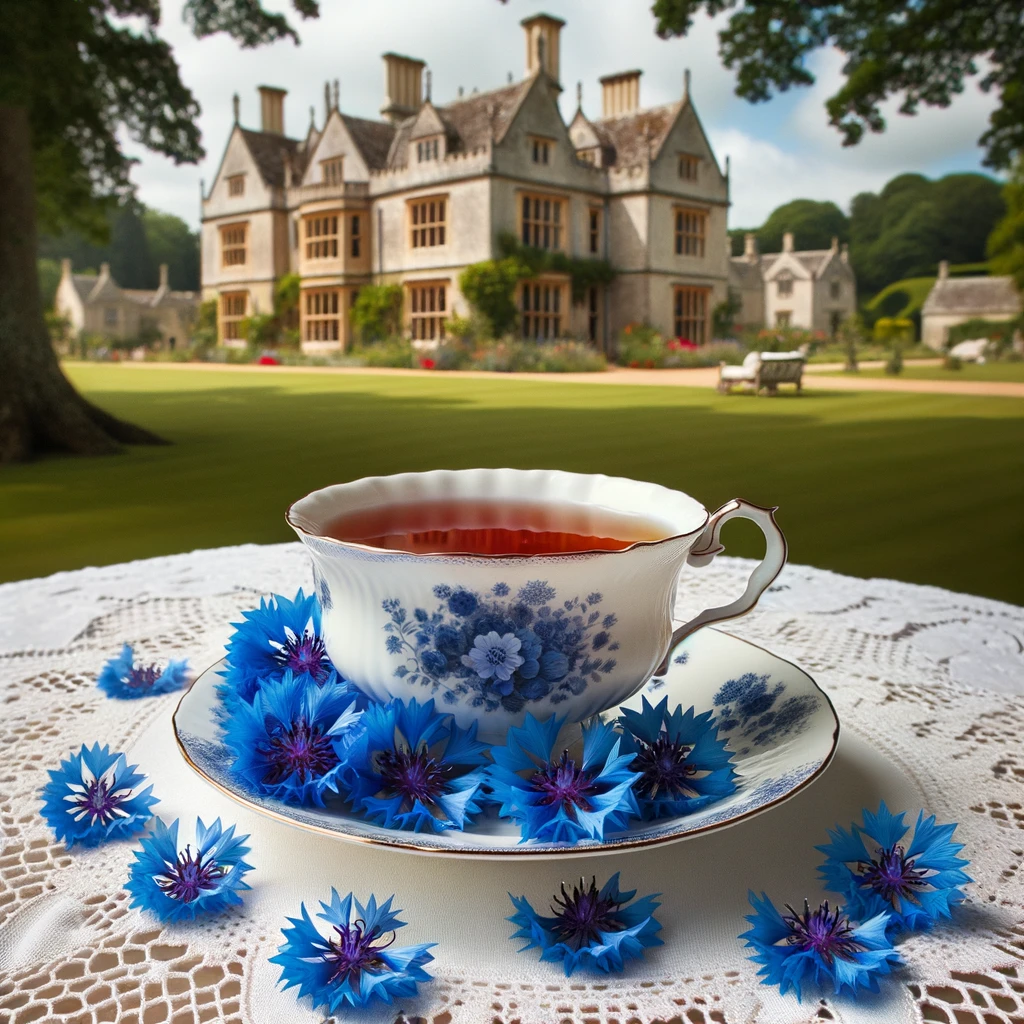 Hot Blue Earl Grey tea served with blue flower petals for elegance