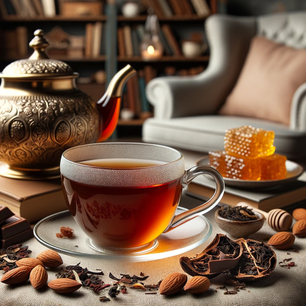 Organic rooibos honeybush tea served hot with honey for extra sweetness