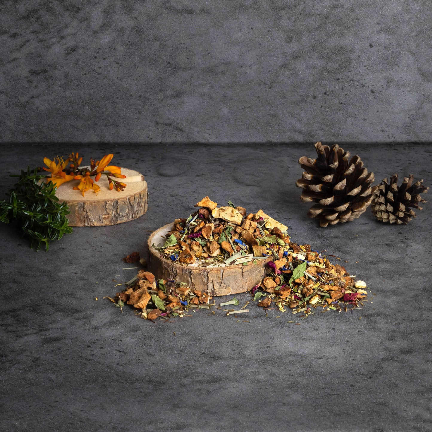 Loose leaf rooibos and citrus herbal tea with apple pieces, perfect for brewing