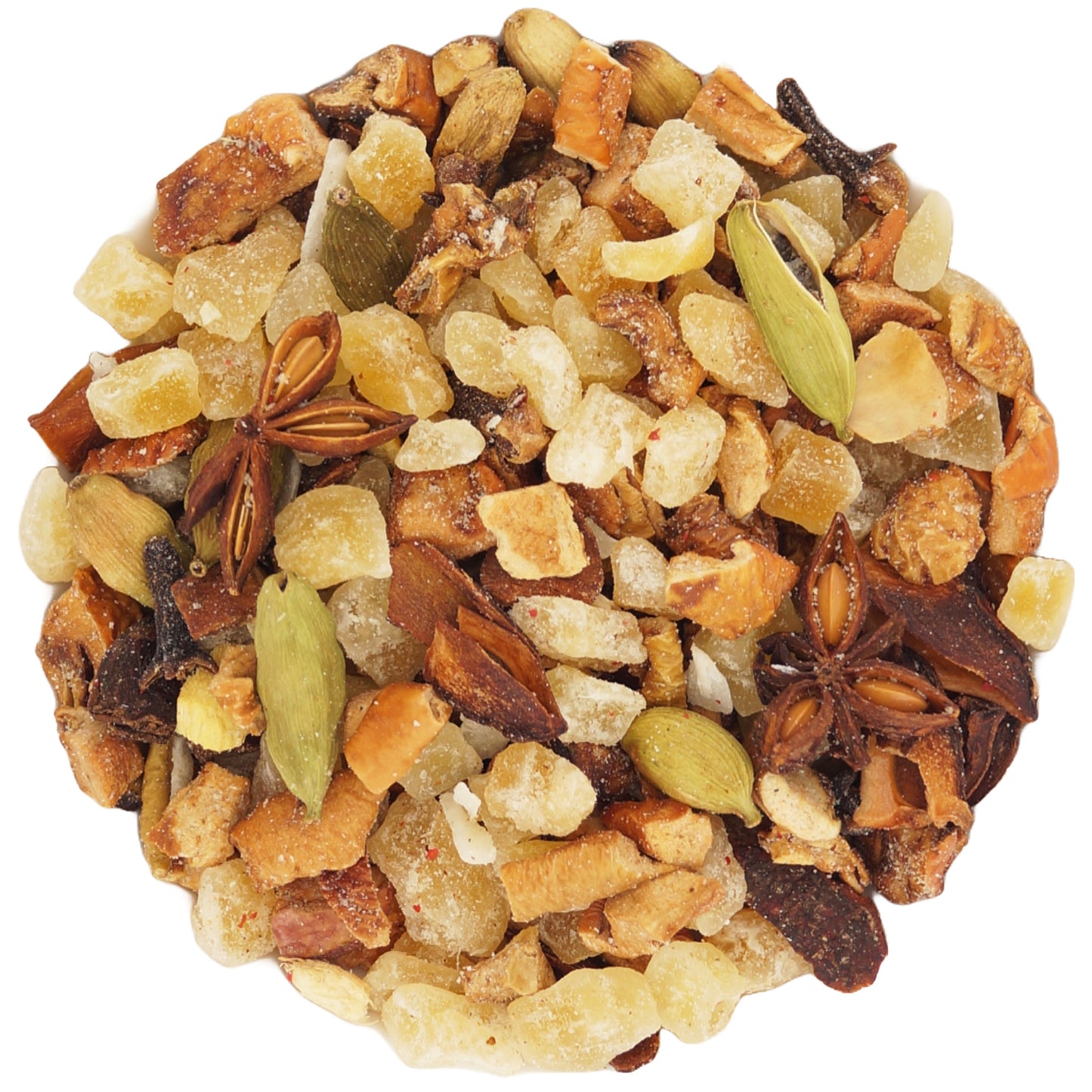 Close-up of mango, apple, and tropical fruit pieces in this vibrant loose leaf tea blend