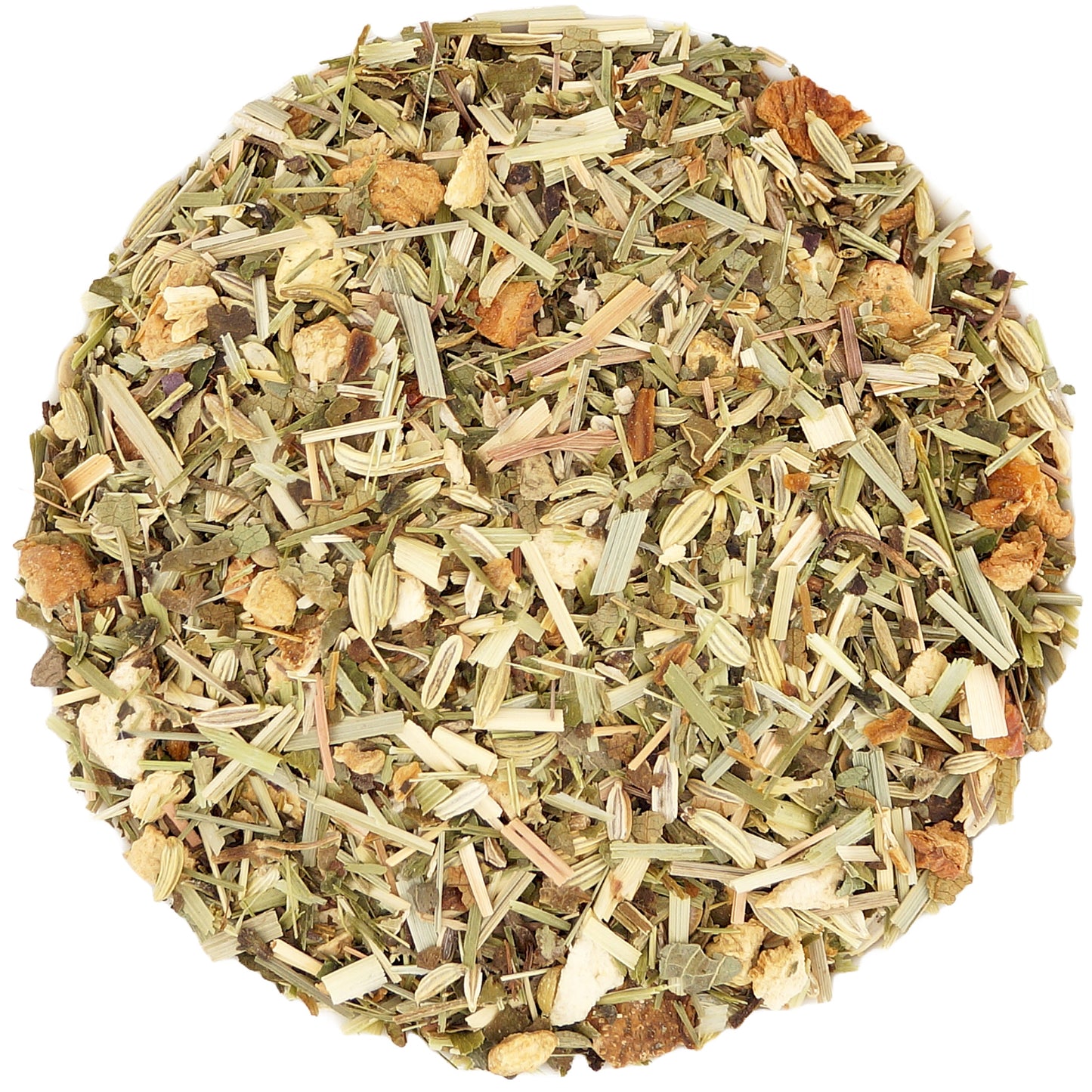 Close-up of organic melissa, fennel, and lemongrass — calming herbs in this herbal tea blend
