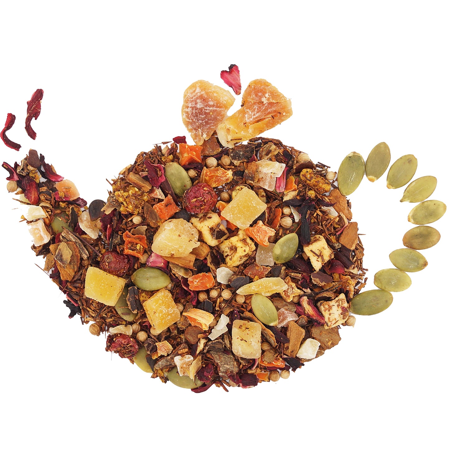 Mixed rooibos caffeine free herbal tea with carob, mango and hibiscus – flavored loose leaf kids tea for autumn
