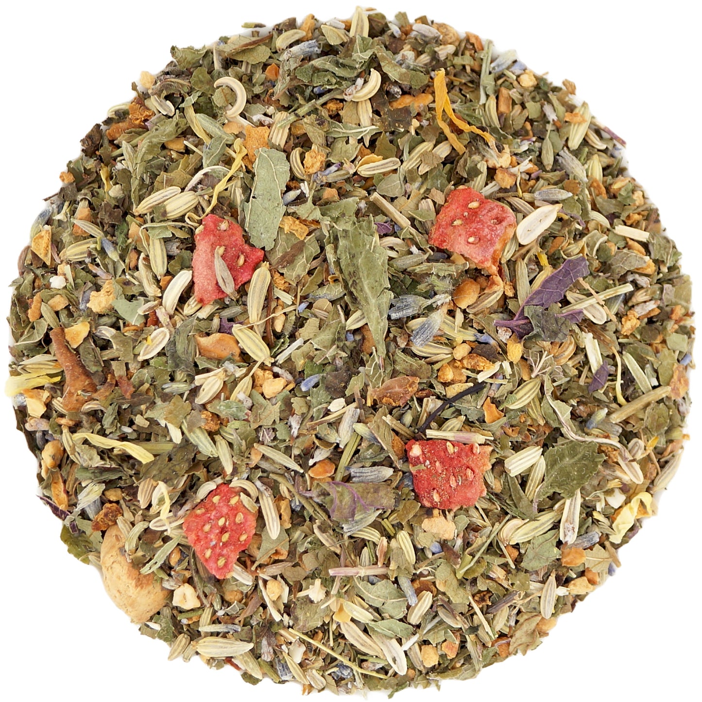 Close-up of organic sleep night tea ingredients — fennel, hibiscus, lavender, and calming herbs