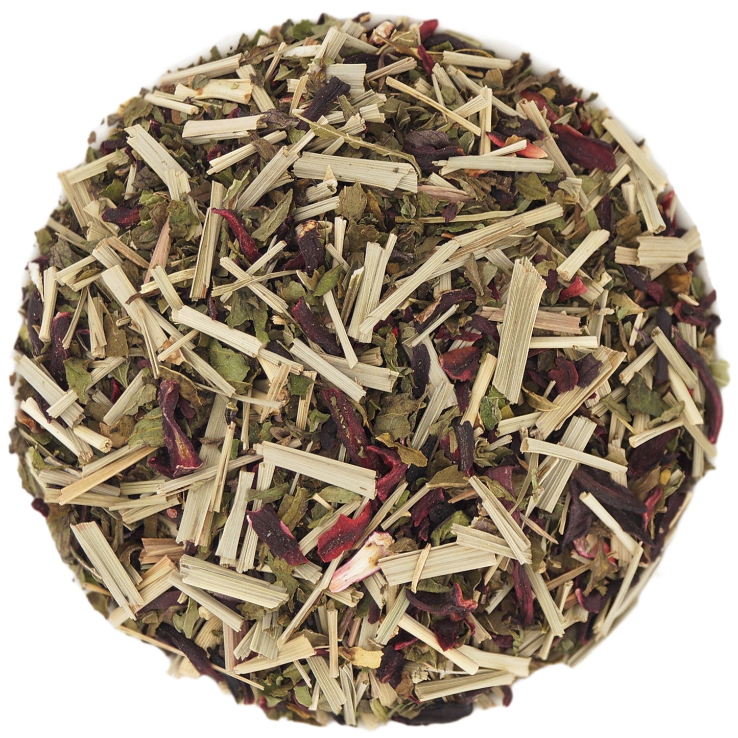 Close-up of peppermint, grapefruit, and lemongrass — vibrant ingredients in this refreshing herbal tea blend