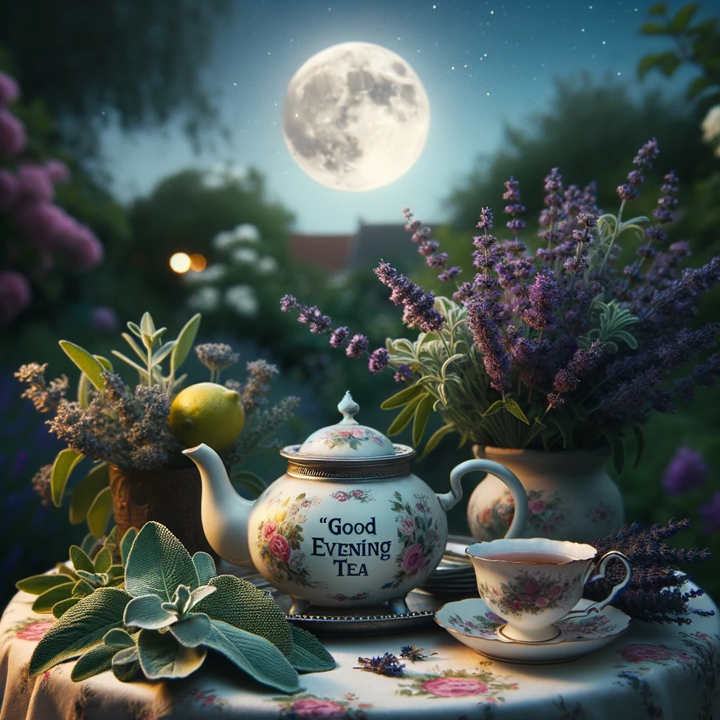 Evening herbal tea scene – lavender chamomile tea with rooibos for calm sleep and stress relief