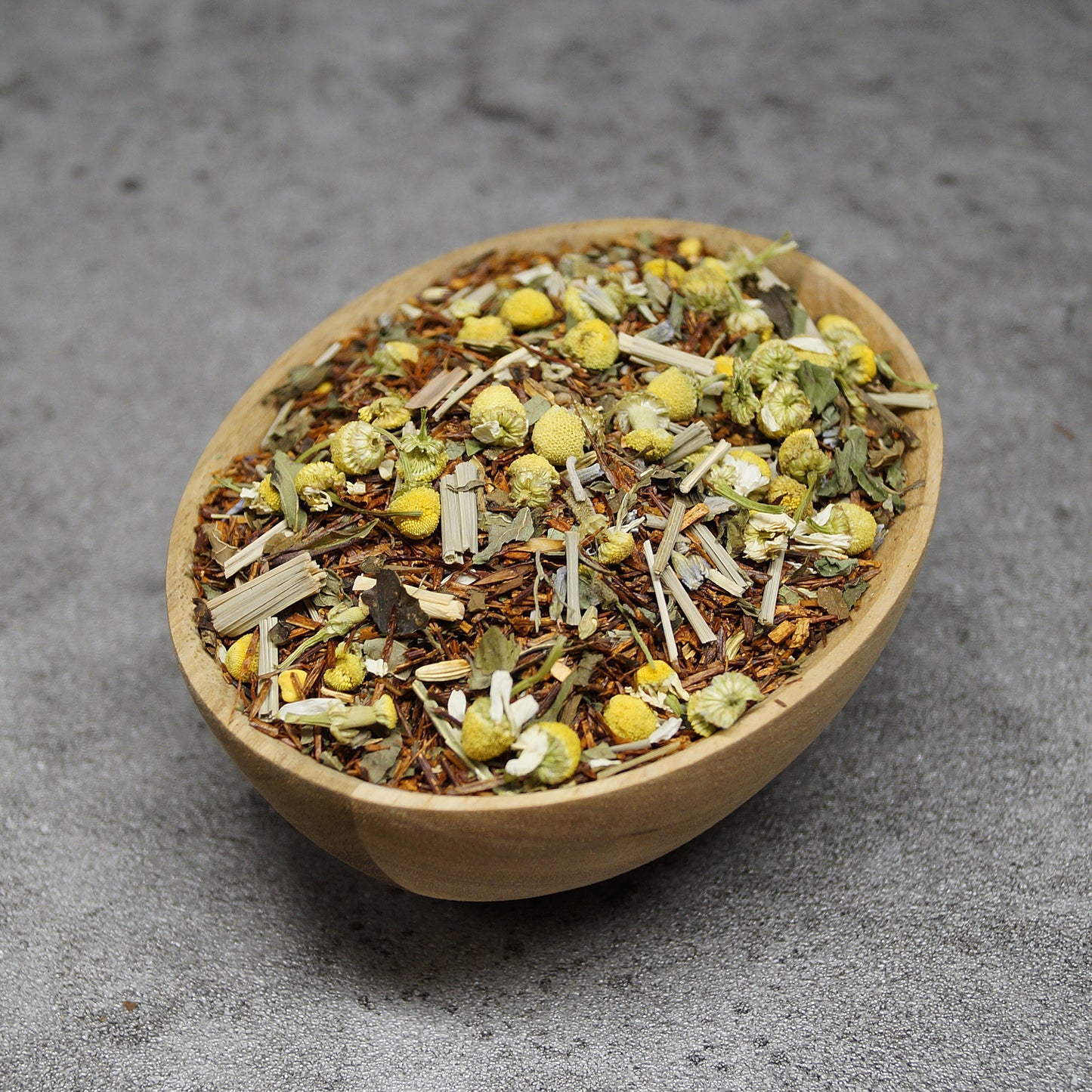 Herbal tea ingredients – chamomile, lavender, valerian root, fennel and rooibos loose leaf tea for calm and relaxation