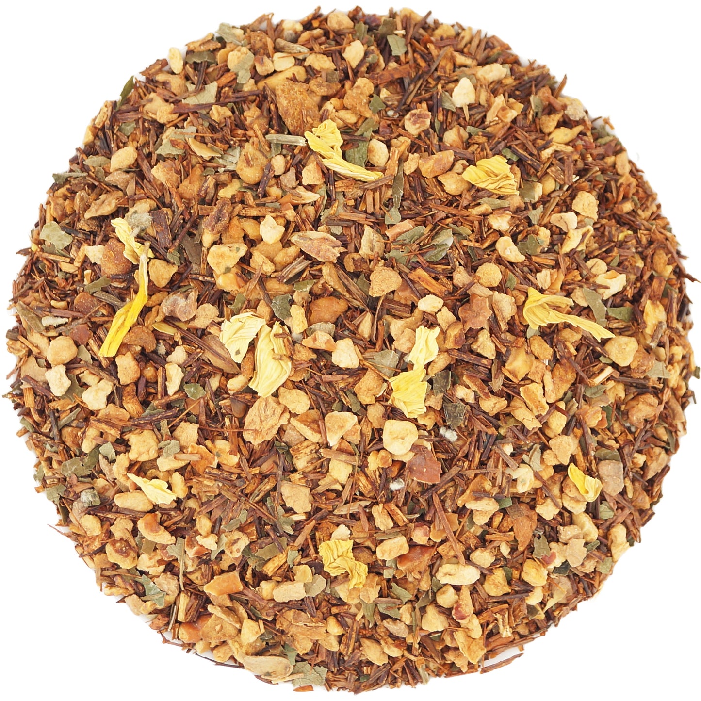 Close-up of rooibos leaves and peach pieces — sweet and fruity herbal tea blend