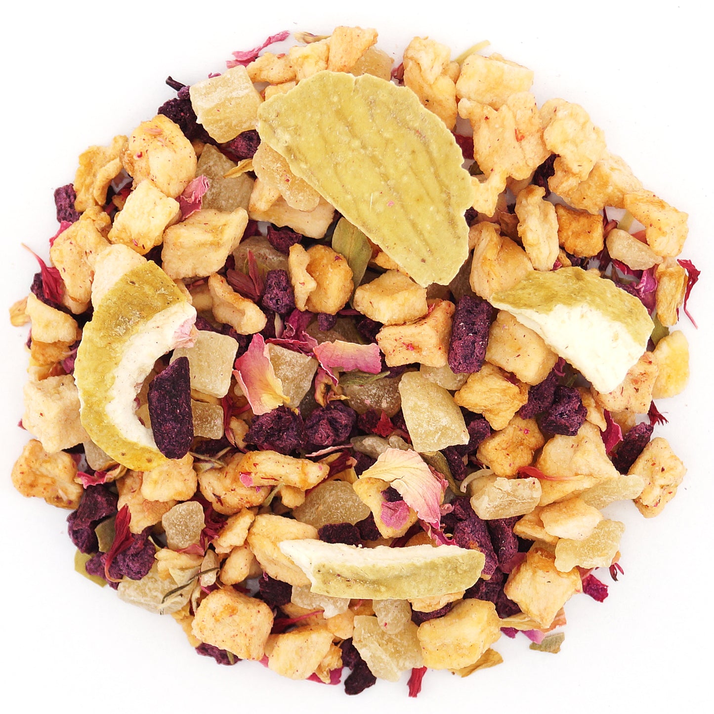Loose fruit tea with pineapple leaves and pink herbal infusion
