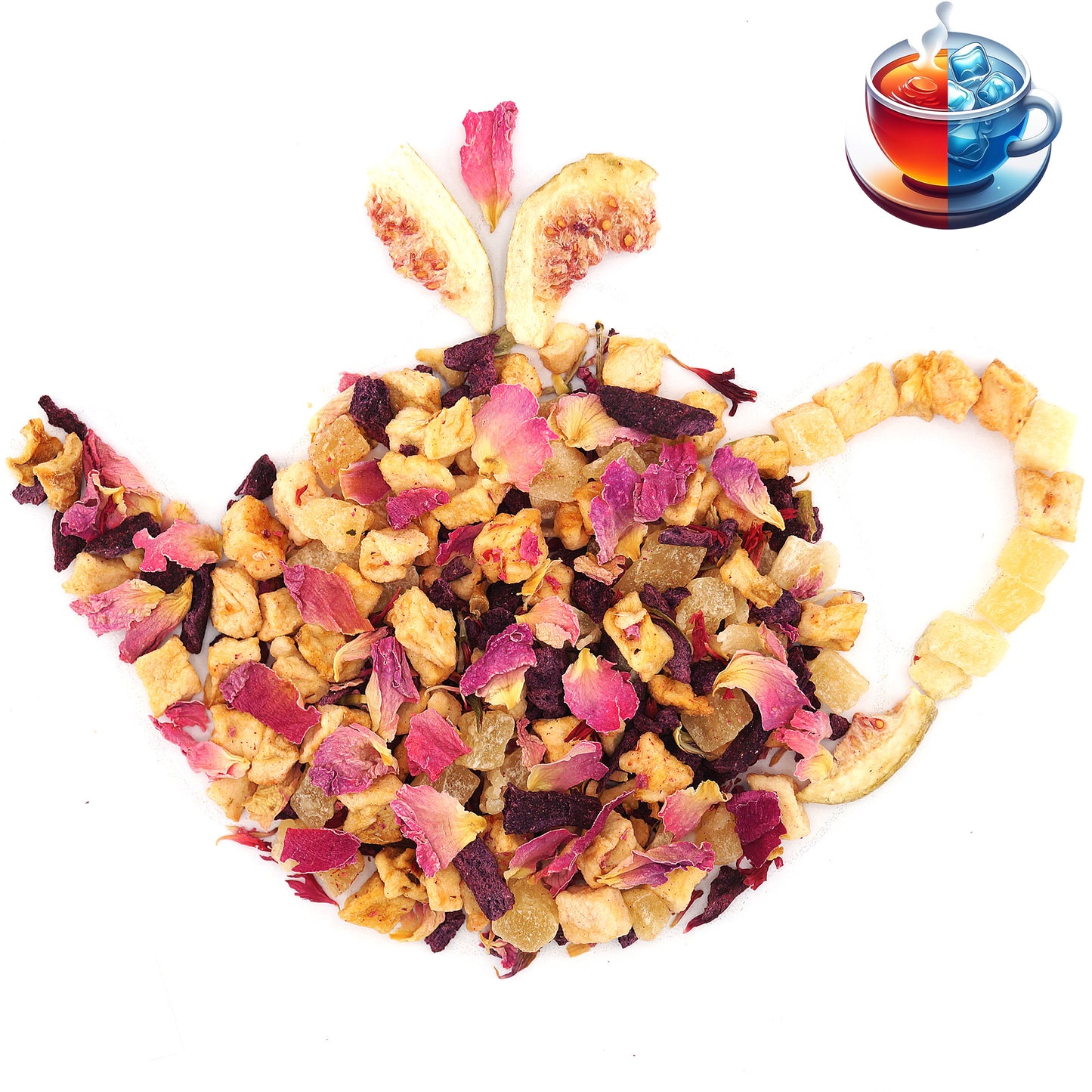 Pink tea blend with pineapple and fruity herbs in loose leaf form
