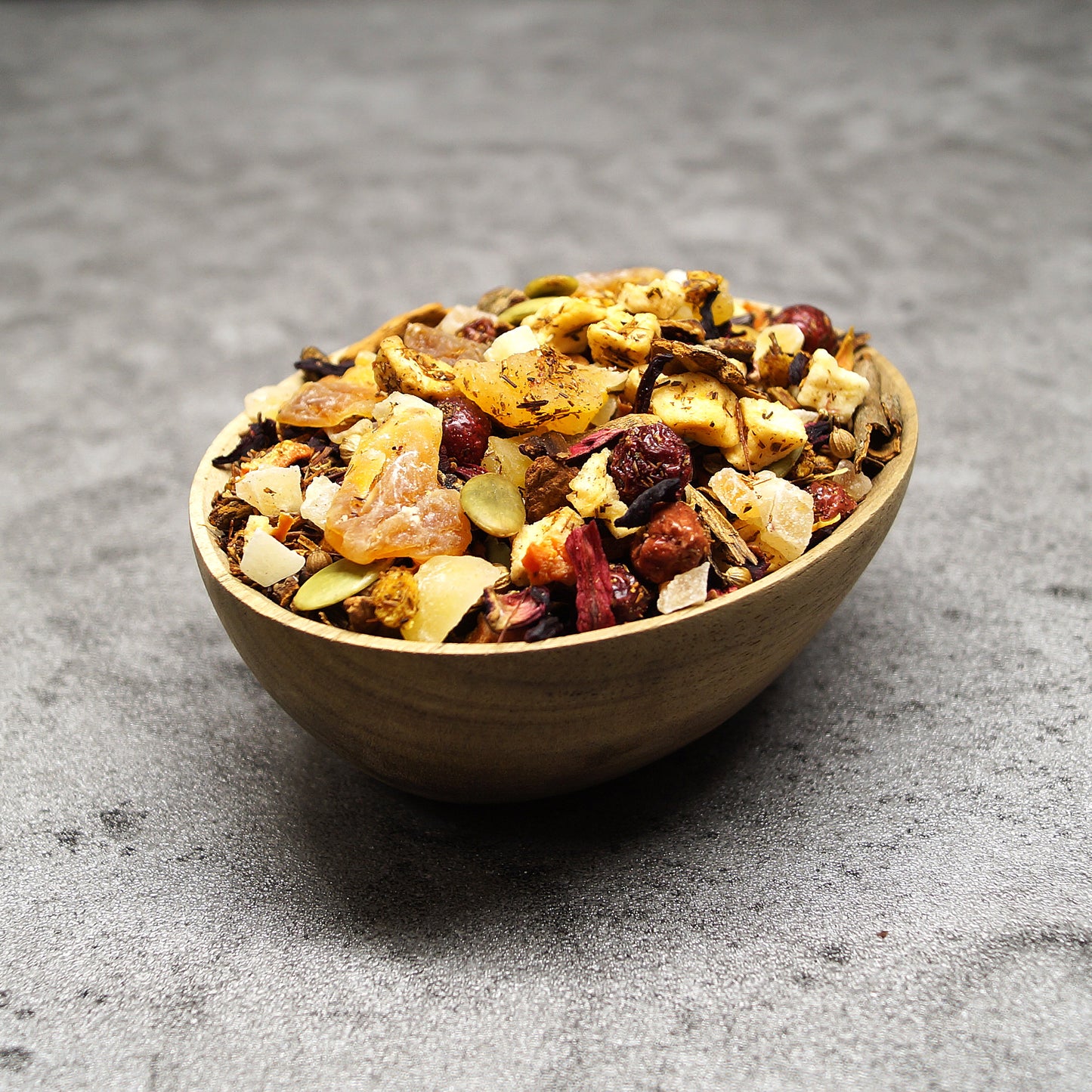 Close-up of rooibos tea loose leaf with carob, mango, and hibiscus – kids friendly herbal tea blend