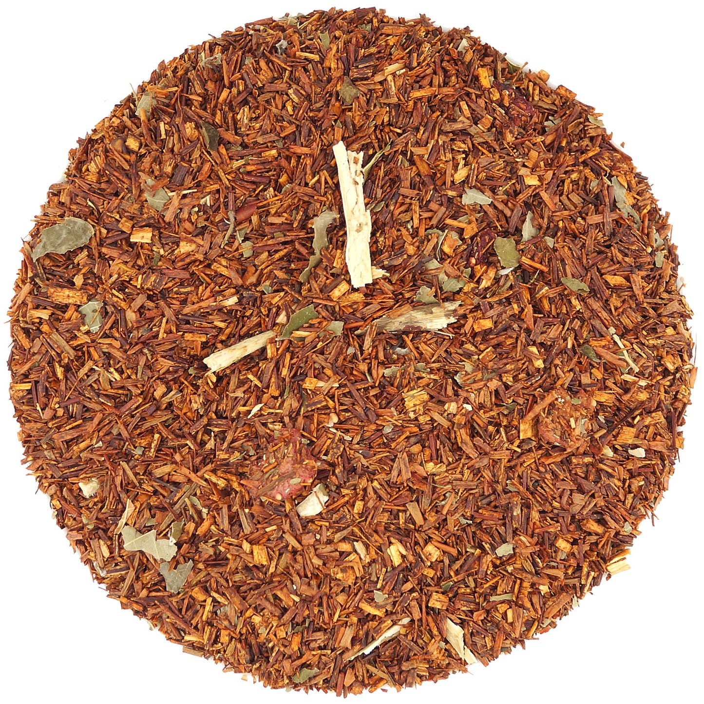 Close-up of organic Rooibos Strawberry Tea ingredients — vibrant leaves and dried strawberry pieces for a natural, fruity flavor
