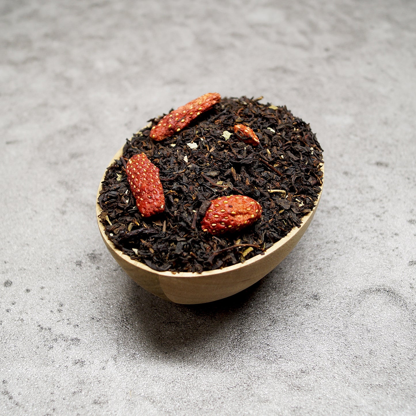 Strawberry black tea blend, with genuine strawberry bits.