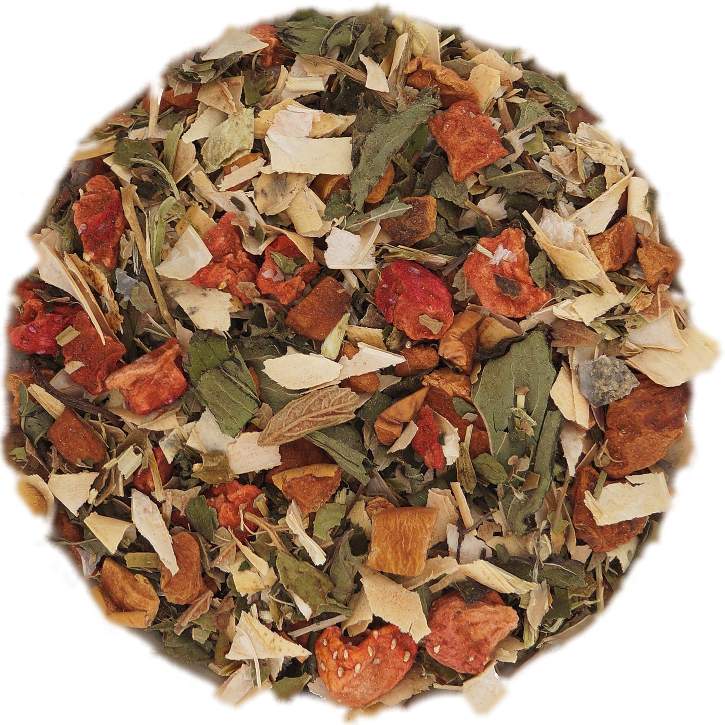 Close-up of Strawberry Mint Tea ingredients — dried apple, strawberry pieces, and peppermint leaves