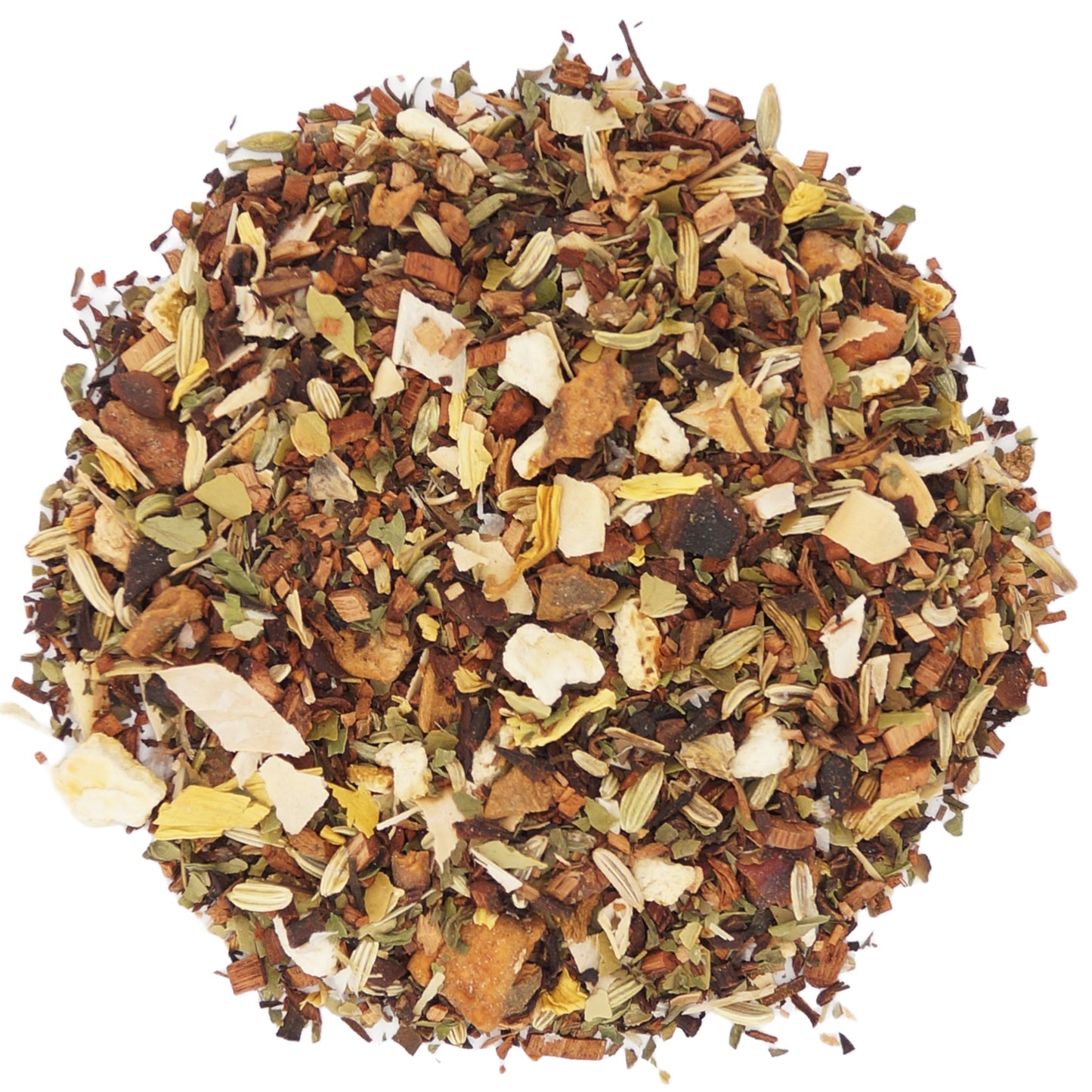Ingredients of Sweet Essence herbal tea – South African honeybush tea leaves and sweet, spicy herbal blend for a flavorful and caffeine-free tea