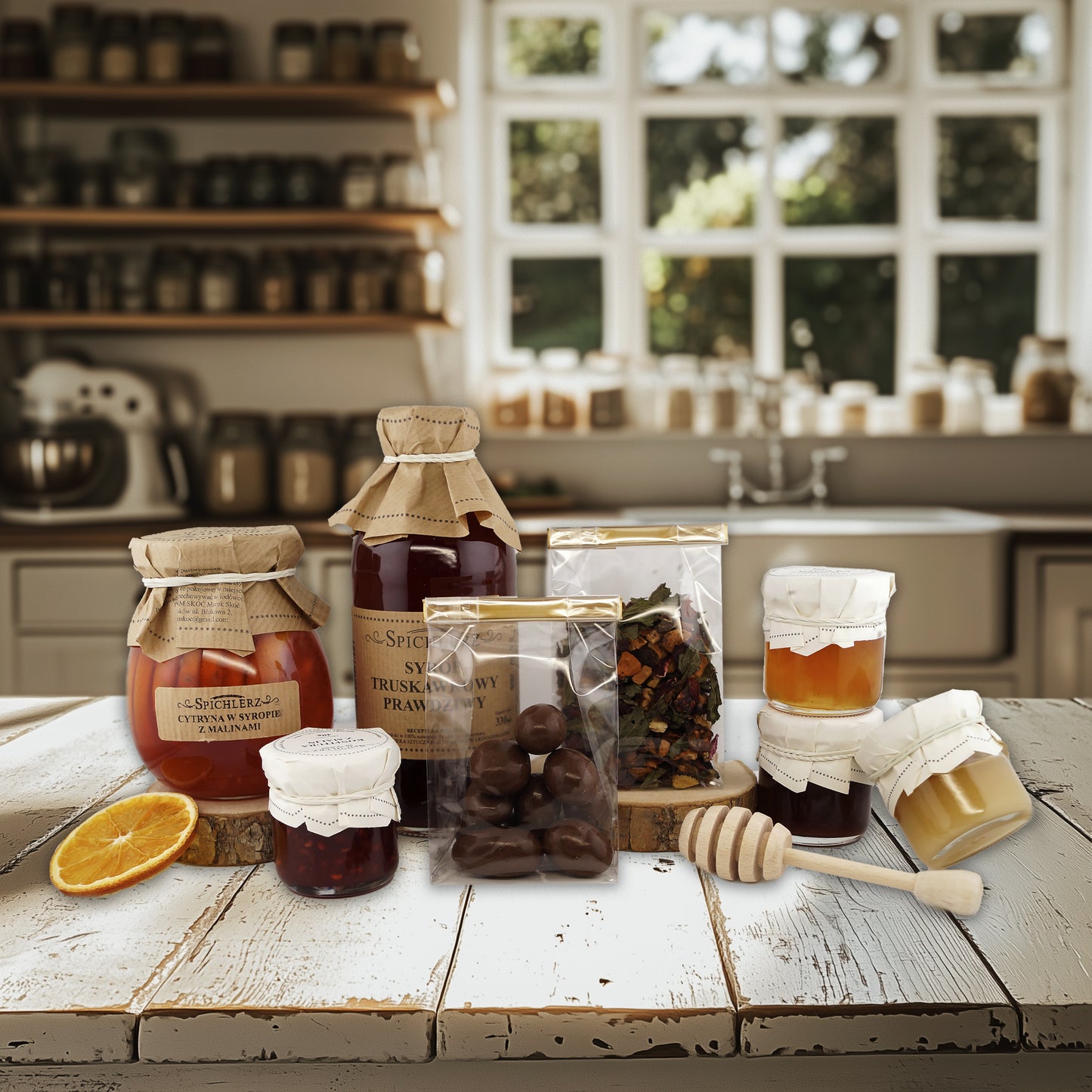 Beautiful tea basket gift for grandma with premium tea, honey and sweet treats
