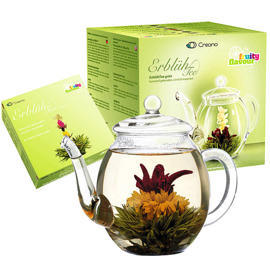 Blooming green tea set with glass pitcher – organic flowering tea gift