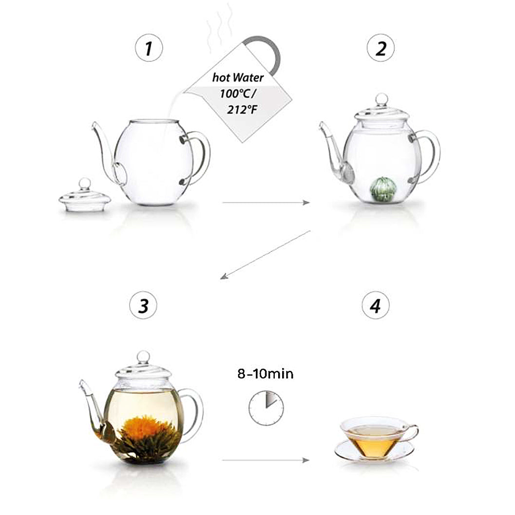 Blooming tea flower expanding beautifully in boiling water