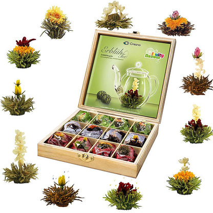 Blooming tea gift set with assorted flowering tea balls in a wooden box - thoughtful present for mom or gift for grandma