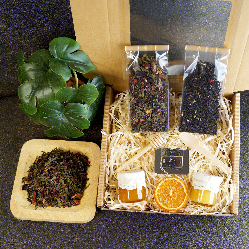 Elegant tea set for grandma with premium tea, honey, and jam for a special birthday