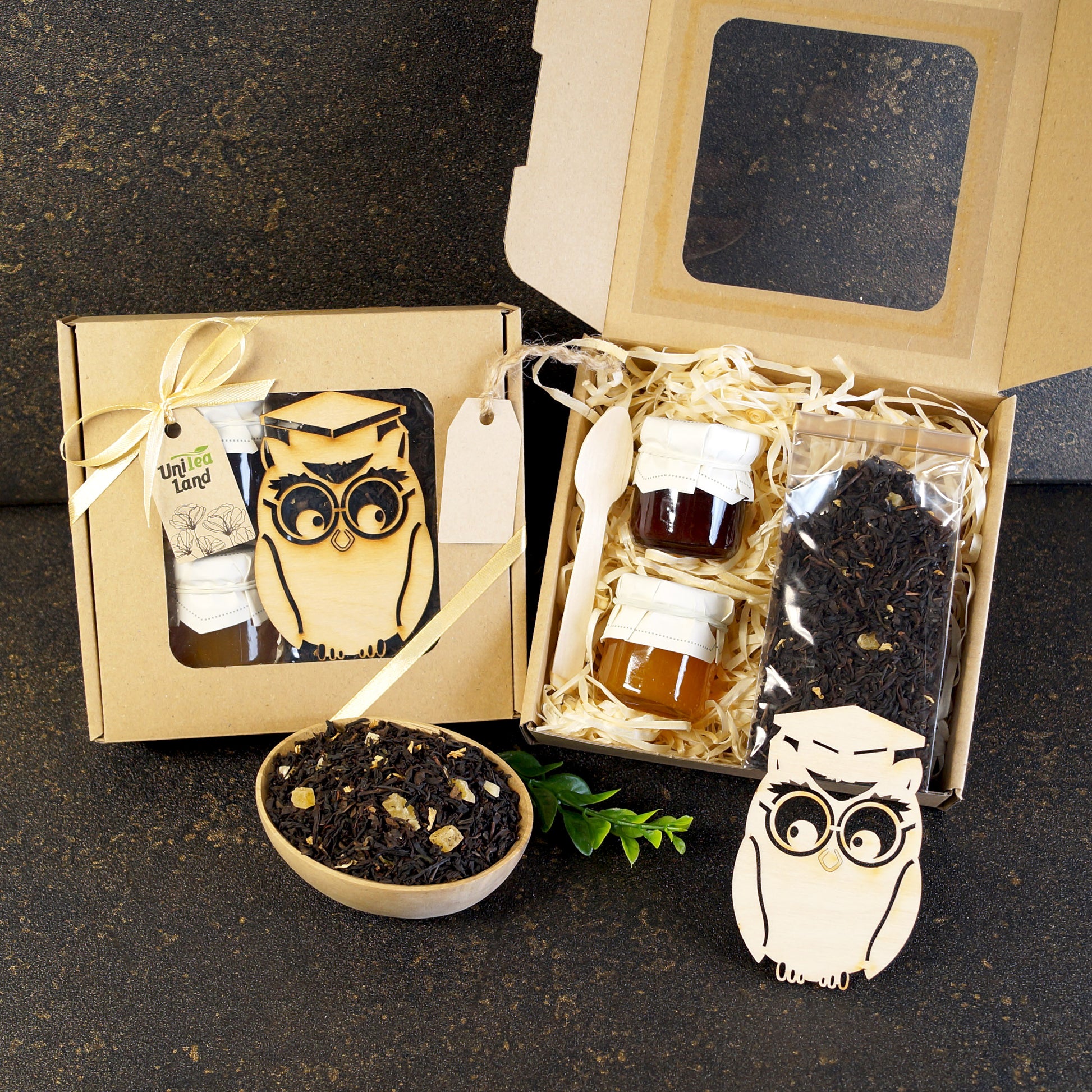 Tea gift box with herbal tea, honey, and sweets for teacher
