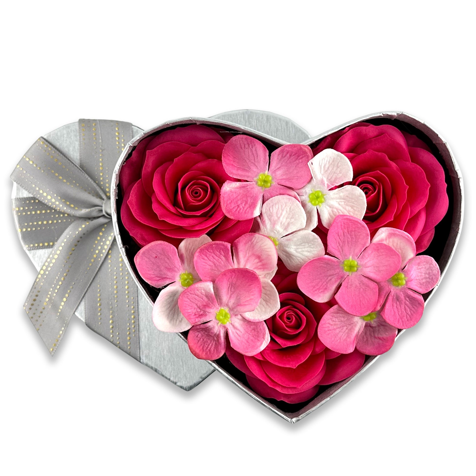 Flower box gift with soap roses and silver heart – ideal for special occasions