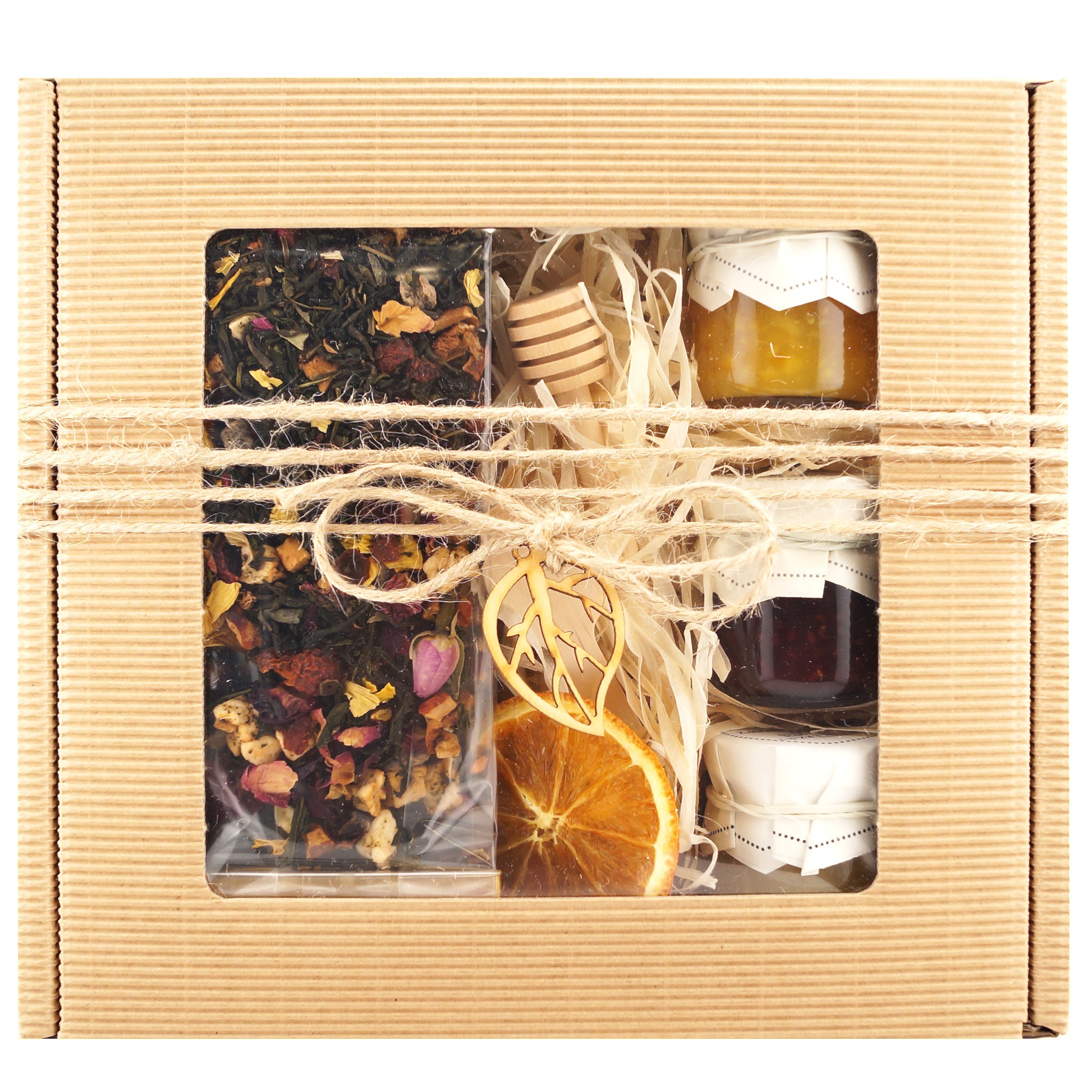 Gift packaging for grandma with tea and sweets
