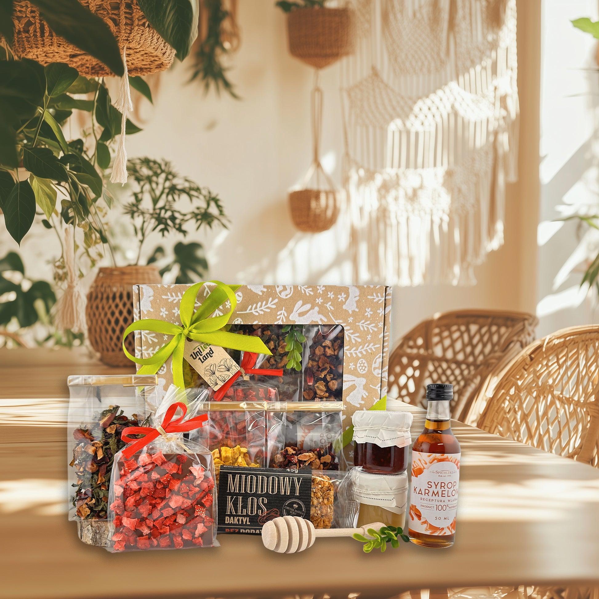 Herbal tea gift set with honey and sweets in basket