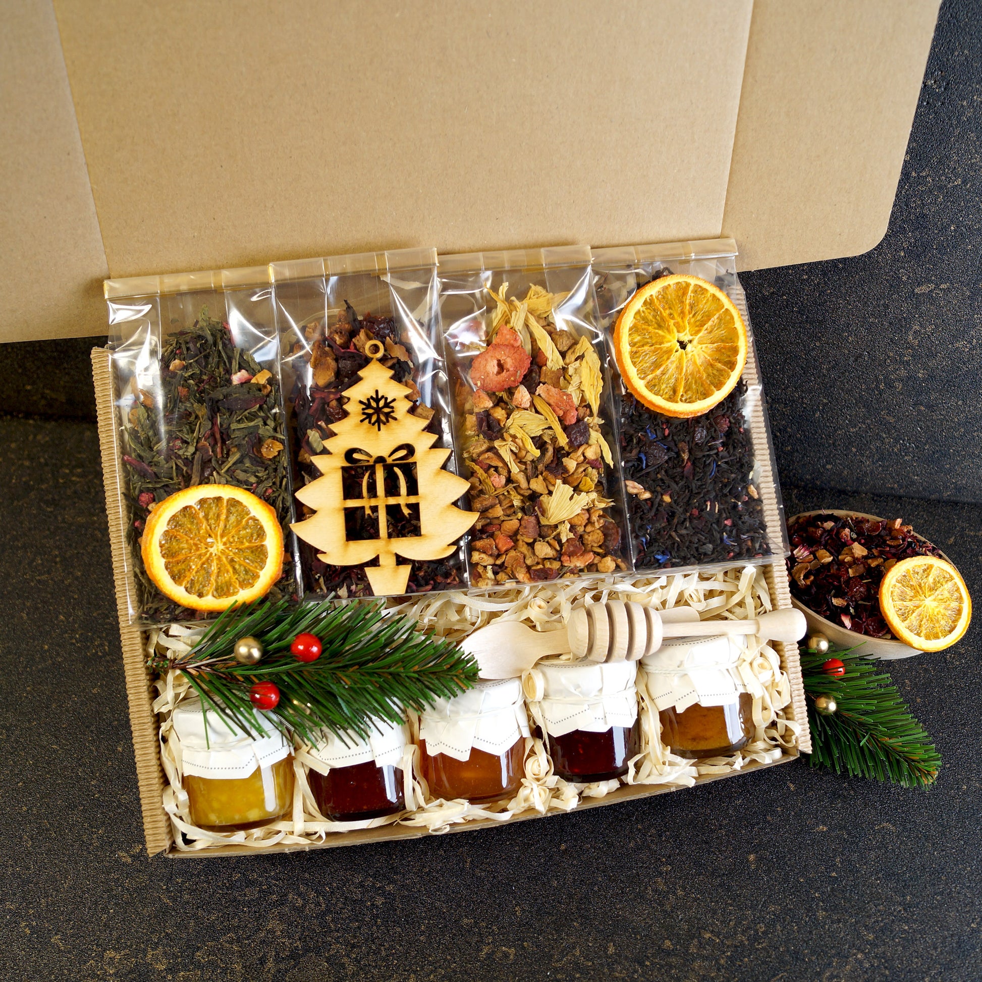 Holiday tea gift basket with sweets and teas