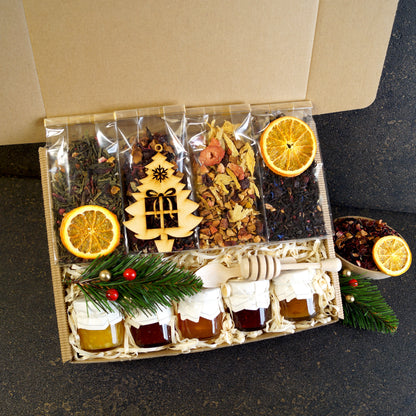 Holiday tea gift basket with sweets and teas