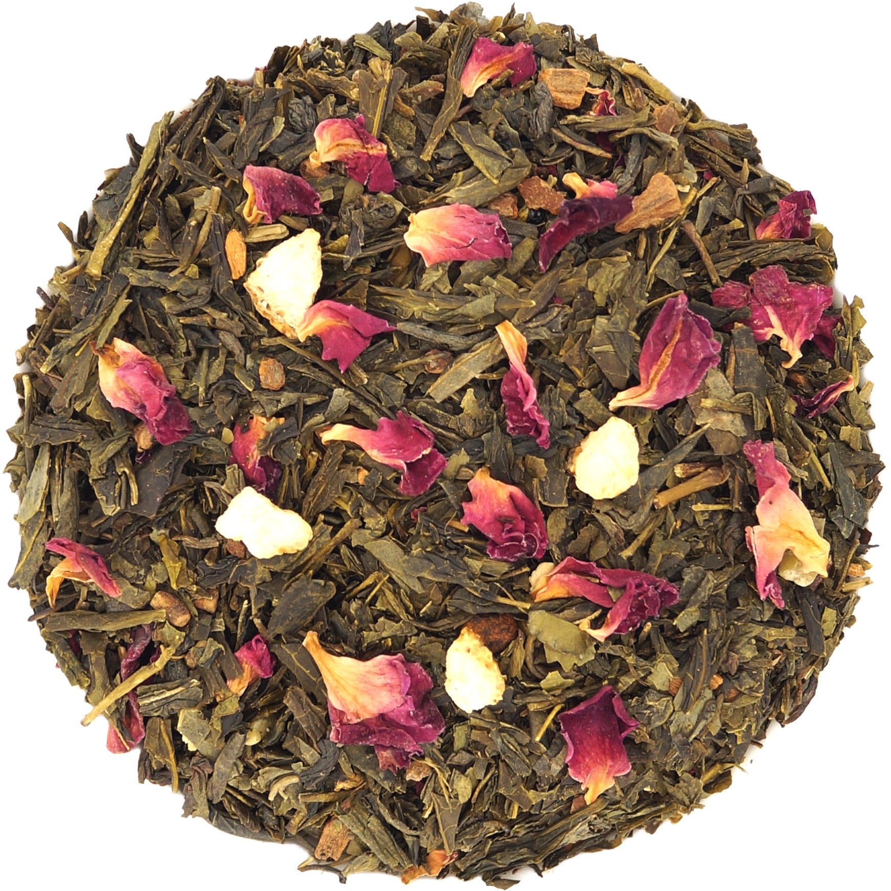 Green tea leaves, with cinnamon and citrus additions, in a loose-leaf form