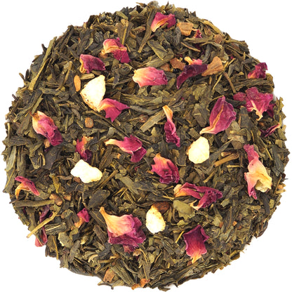 Green tea leaves, with cinnamon and citrus additions, in a loose-leaf form